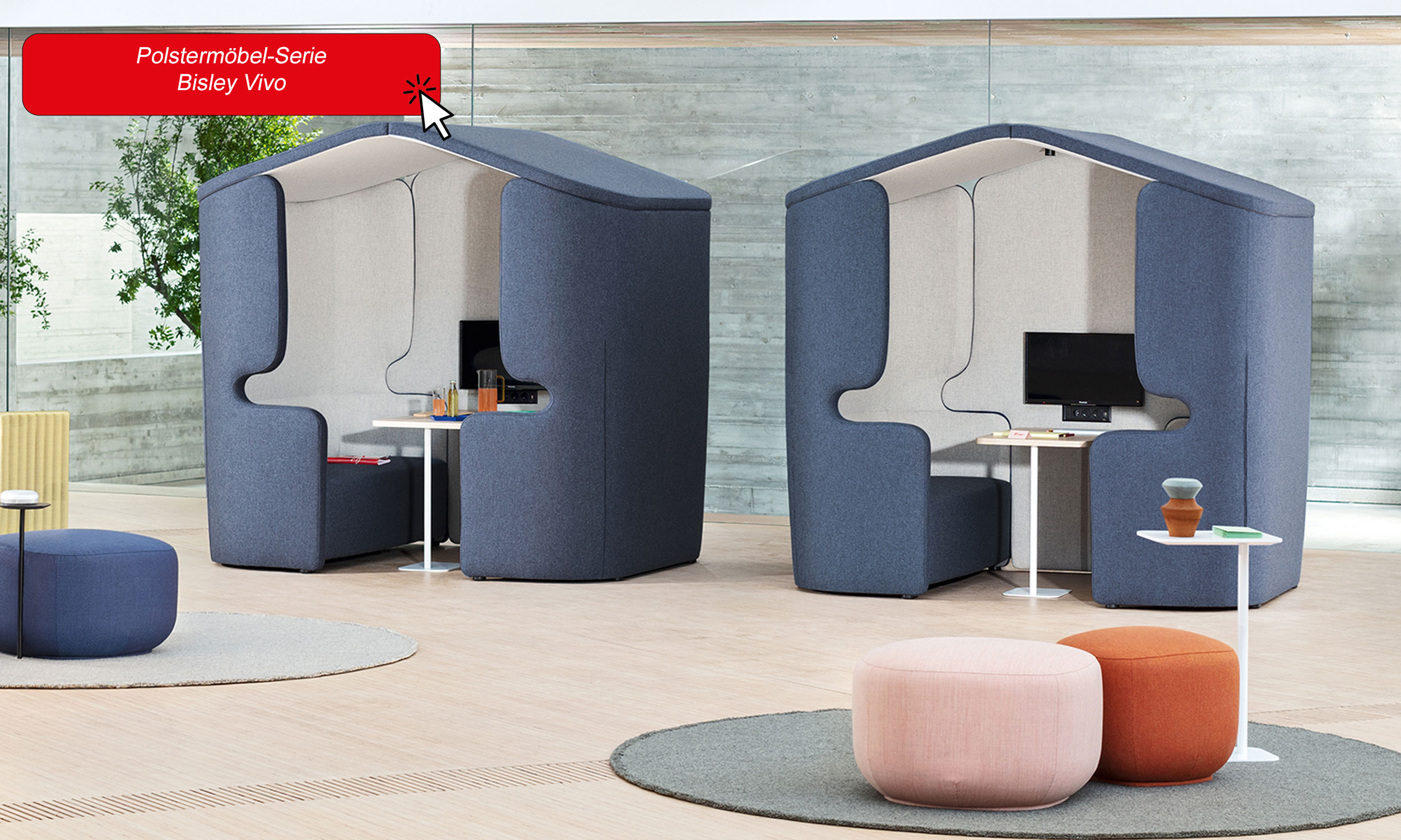 Schauen Sie sich unsere Serie Bisley VIvo an. Meeting-Point Vivo Casa mit Sitzhockern und Beistelltischen