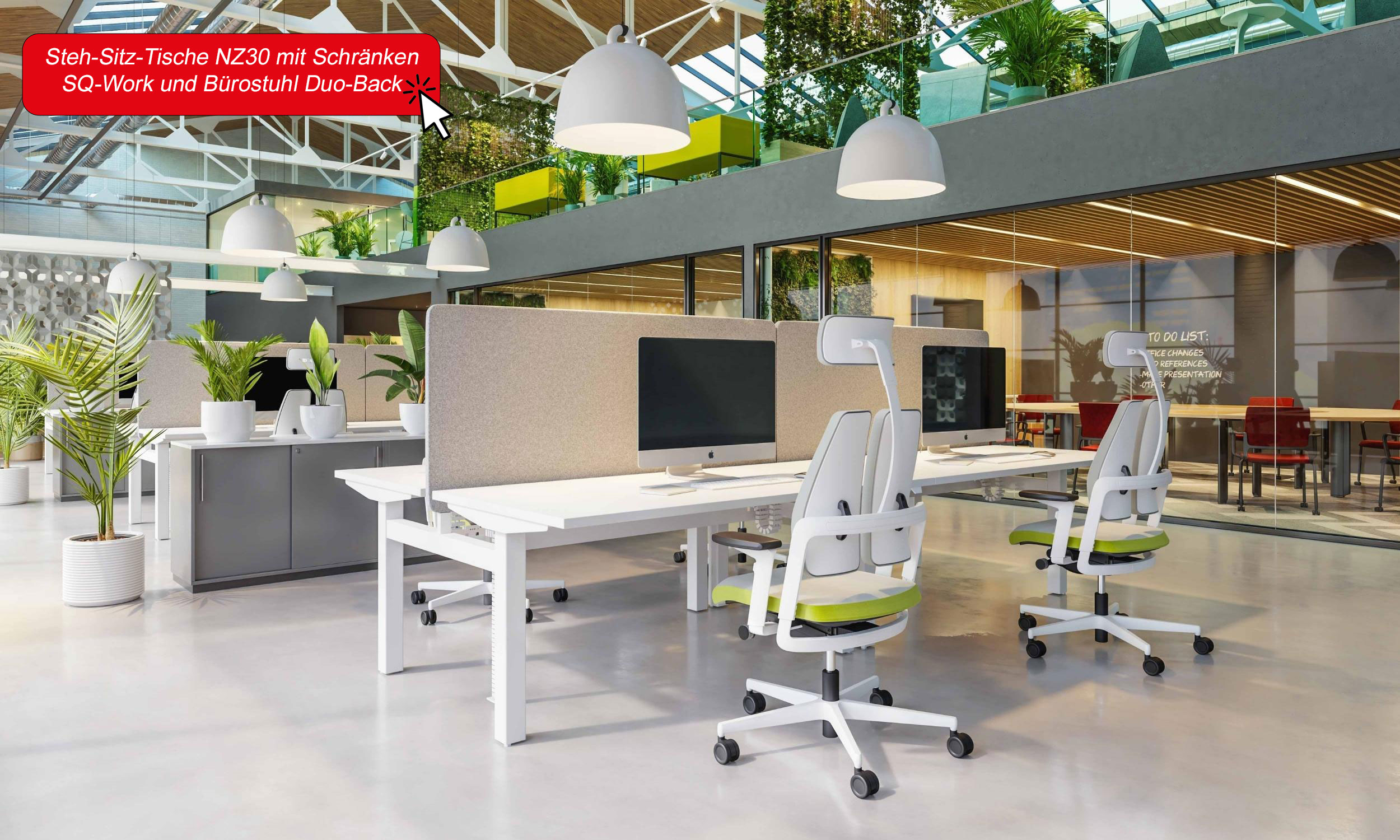 Schauen Sie sich unsere Serie NZ30, die Schränke SQ-Work und den Bürostuhl Duo-Back an. Steh-Sitz-Tische NZ30 mit Schränken SQ-Work und Bürostuhl Duo-Back